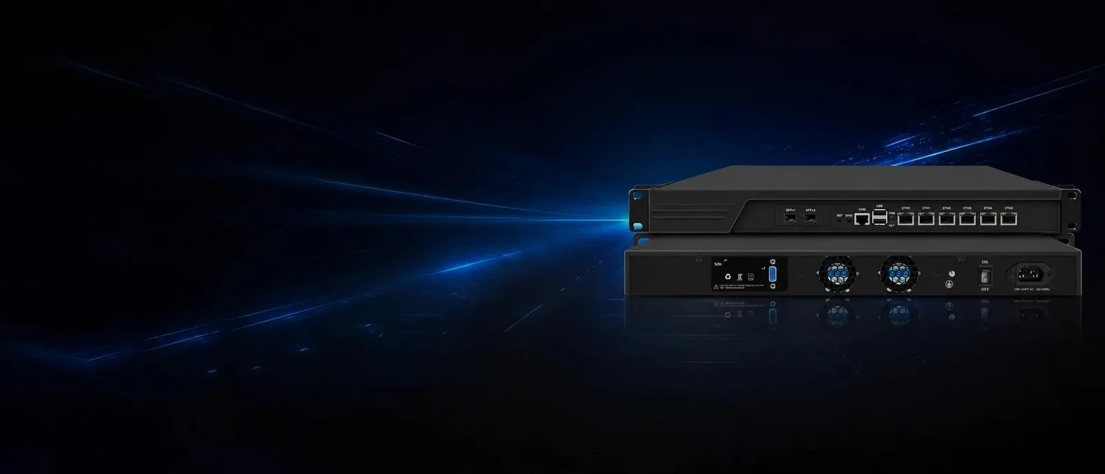 Compact edge AI appliance with network ports on a dark background