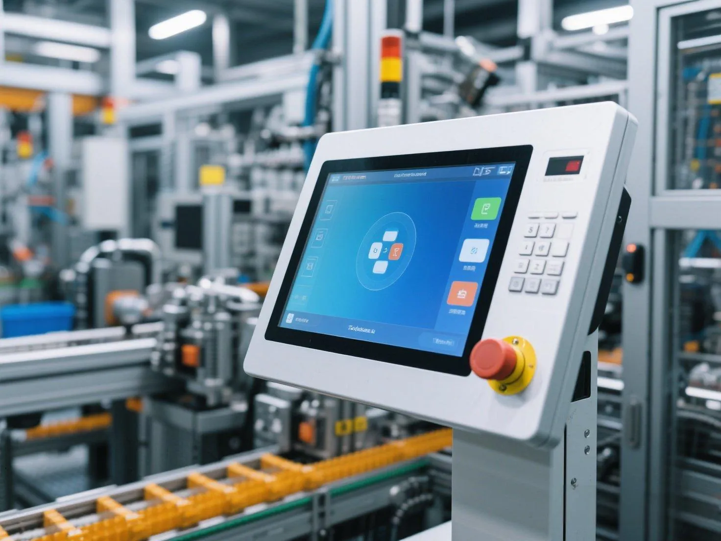 Industrial touch panel computer on a factory floor