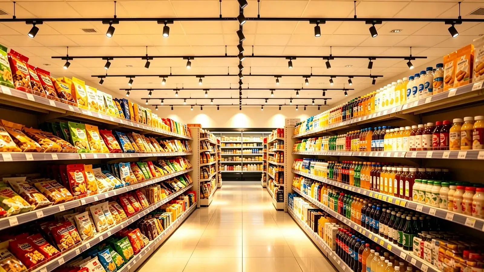 Modern supermarket aisle with stocked shelves